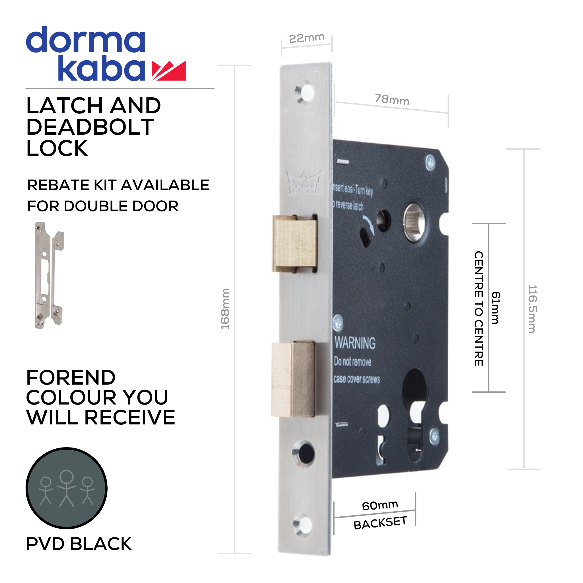 D036S-BLK, Cylinder Sash Lock, 57mm (backset), 22mm (w) x 168mm (l