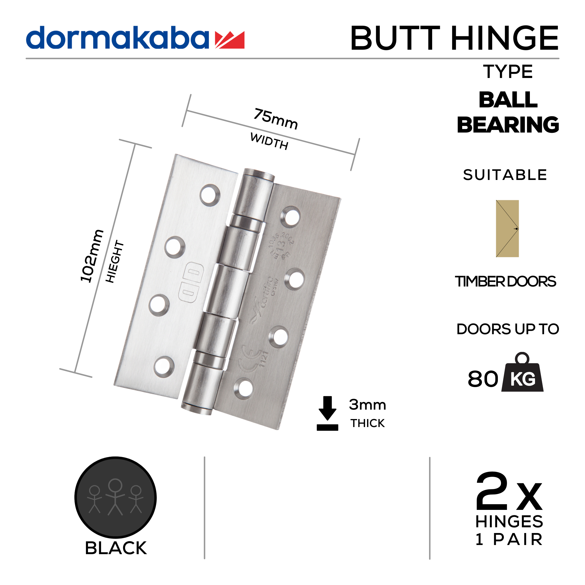 DORMAKABA DBB-BLK-009 Black Hinge 102mm (H) X 75mm (W) | The