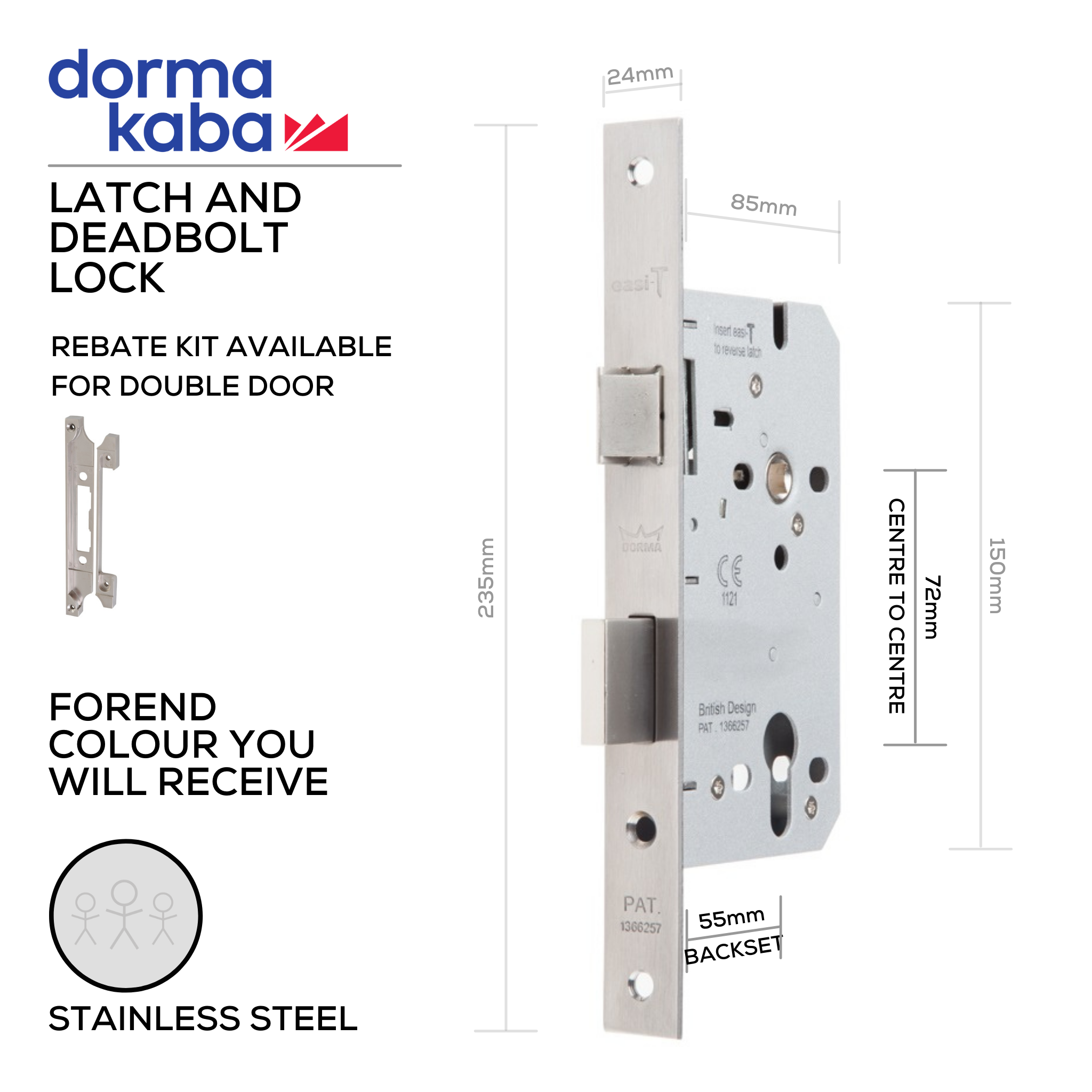 D072EC Stainless Steel, Latch & Deadbolt Lock, Euro Cylinder