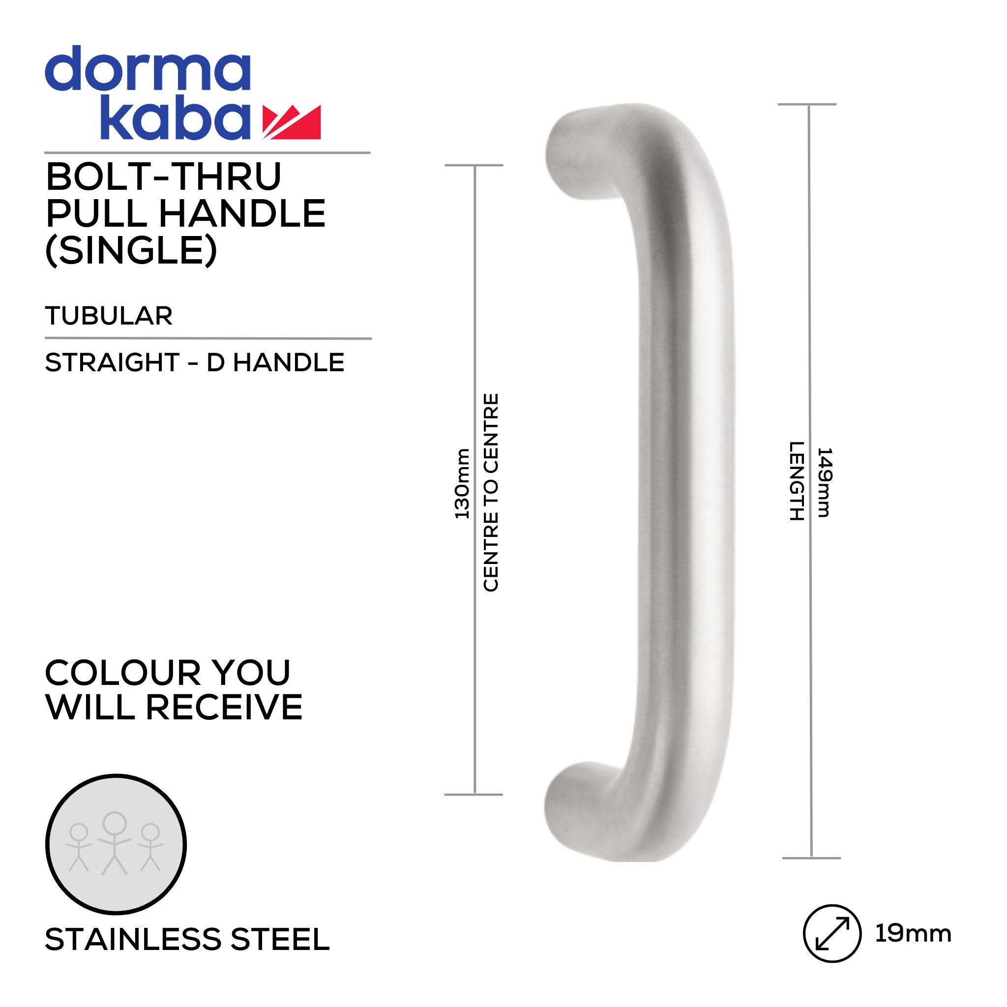 DPH 301C BT, Pull Handle, Tubular, Straight, D Handle, BoltThru, 19mm (Ø) x 149mm (l) x 130mm (ctc), Stainless Steel, DORMAKABA