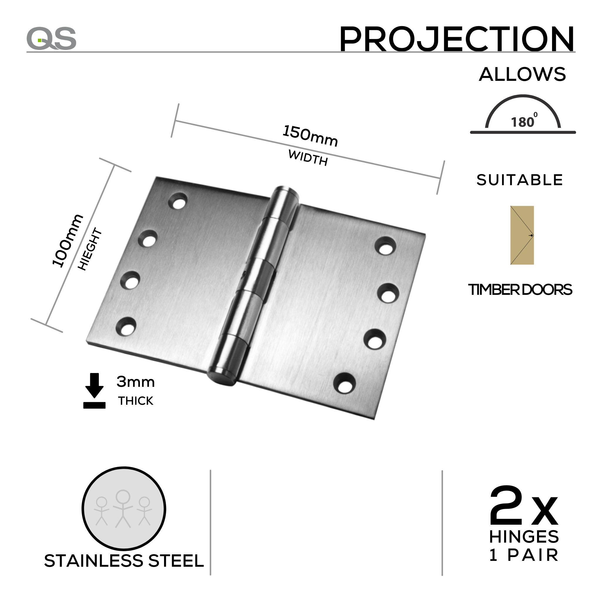 QS4412/1 150mm, Projection Hinge, 2 x Hinges (1 Pair), 100mm (h) x 150