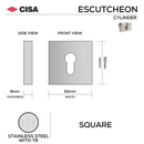 Main product view showing CISA Stainless Steel Cylinder Lock — tough stainless shine for doors, 52mm (h) x 52mm (w).
