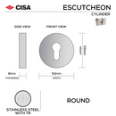 Main product view of CISA Stainless Steel Cylinder Lock, made for doors with tough stainless shine, 53mm (h) x 53mm (w).