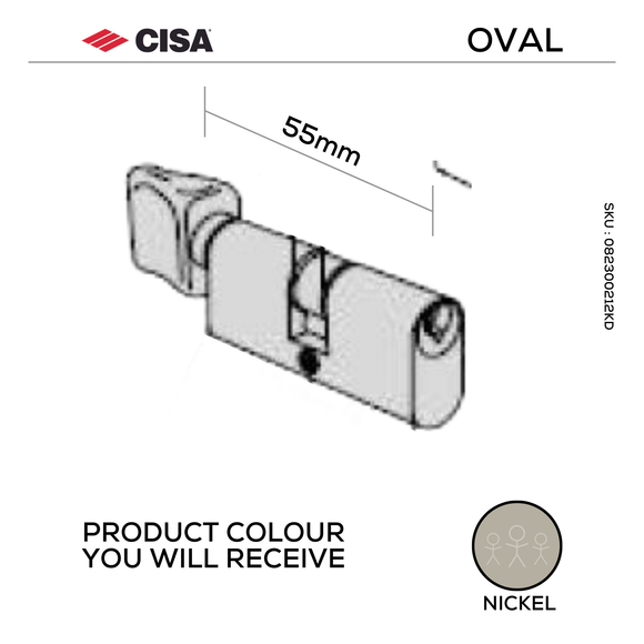 08230-02-12-KD, 55mm - 27.5/27.5, Double Cylinder, Thumbturn to Key, Keyed to Differ (Standard), 3 Keys, Nickel, CISA