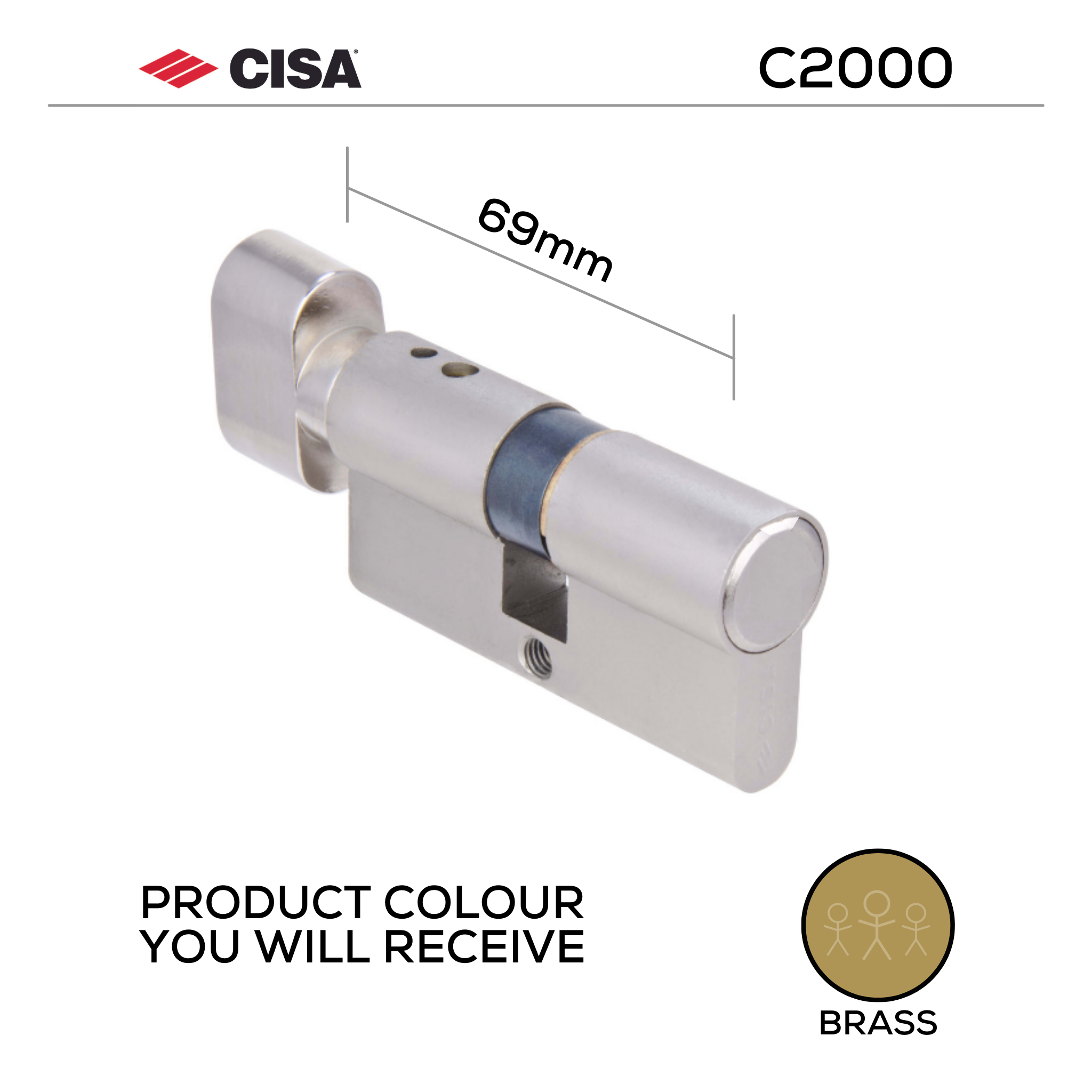 08525-14-00-KD, 65mm - 32.5/32.5, Double Cylinder (Bathroom Privacy), C2000, Thumbturn to Coin, Brass, CISA