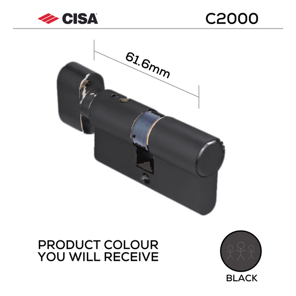 Bathroom Double Cylinder, Thumbturn to Coin, 61.6mm, Brass, Nickel or Black - CISA C2000