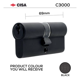 0N310-13-00-BLK-KD, 69mm - 34.5/34.5, Double Cylinder, C3000, Key to Key, Keyed to Differ (Standard), 3 Keys, 6 Pin, Black, CISA