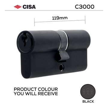CISA Black Cylinder Lock shown in main product view, giving doors sharp modern attitude, 119mm.