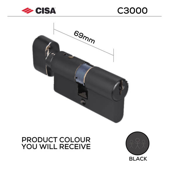 Thumbturn to Key Double Cylinder Lock, 69mm, Nickel or Matt Black - CISA C3000 - Matt Black