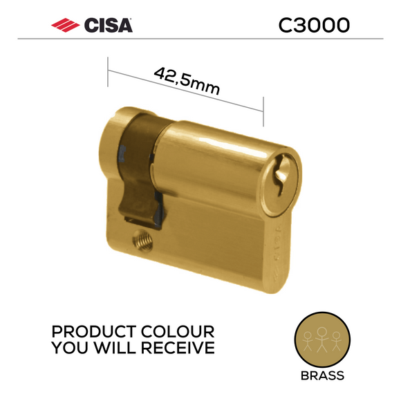 Key Half Cylinder Lock, 42.5mm, Brass, Matt Black or Nickel - CISA C3000