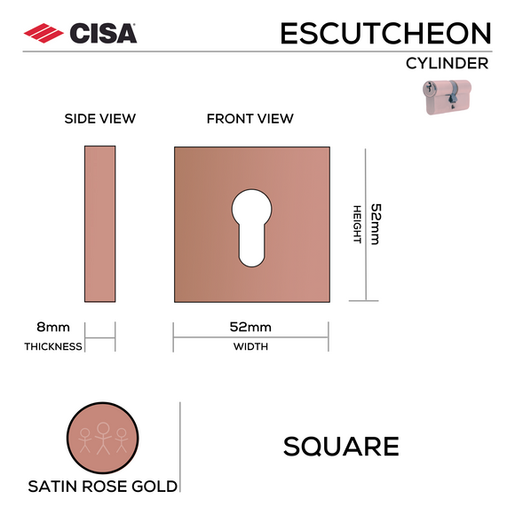 Main product view of CISA Satin Rose Gold Cylinder Lock, made for doors with proper hardware with a bit of attitude, 52mm (h) x 52mm (w).