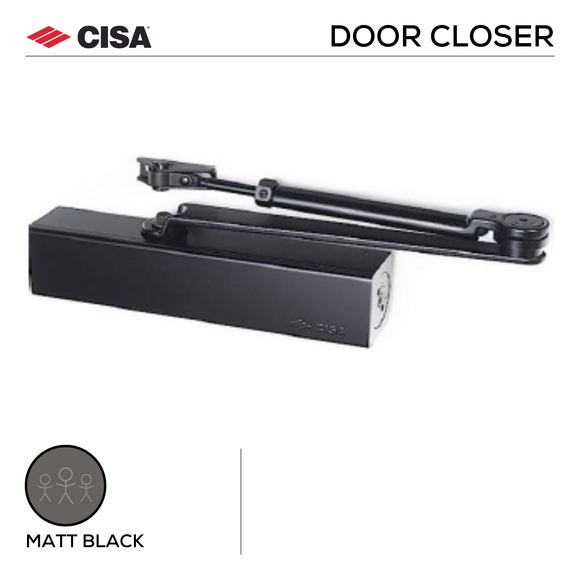 Main product view of CISA Matt Black Door Closer, made for commercial doors with dark, sleek, and ready to stand out, 1400mm, 120KG.