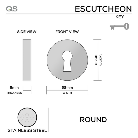 Main product view of QS Stainless Steel Escutcheon, made for doors with tough stainless shine, 52mm (h) x 52mm (w).
