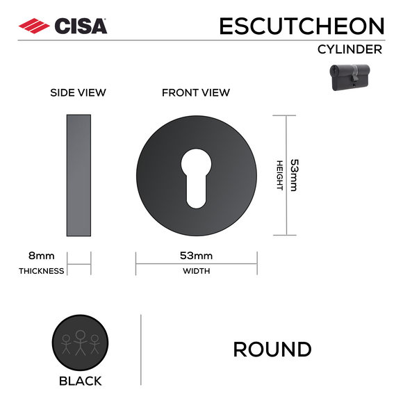 CISA Matt Black Cylinder Lock for doors, main product view with bold black energy, 53mm (h) x 53mm (w).