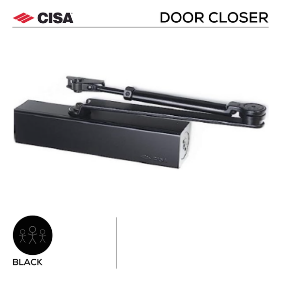 C1610-05-44, Door Closer, RACK & PINION REG ARM DOOR CLOSER WITH BACKCHECK PULL SIDE - DOORS 40-120KG & 850- 1400mm, EN2-EN6,  Fire-Rated, Black, CISA
