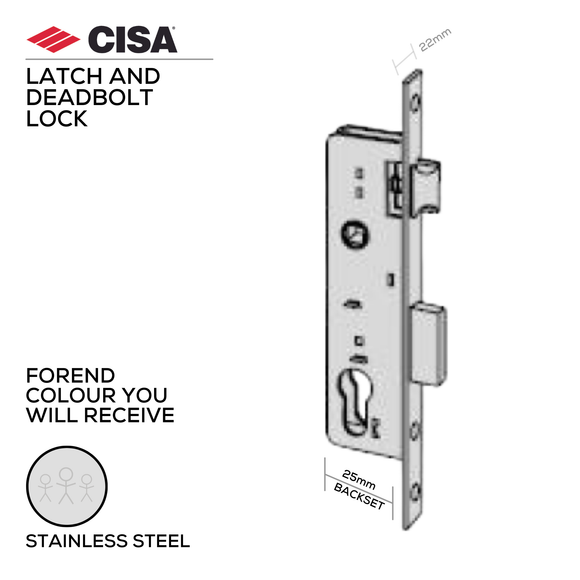 44820-25-20, Latch & Deadbolt Lock, Excluding Cylinder, 25mm (Backset), Stainless Steel, CISA(see below other sizes & colour options)