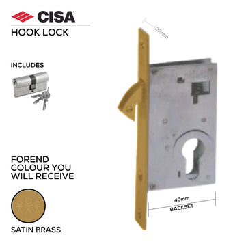 CISA hook lock 45100, 40mm backset, cylinder included, Satin Brass forend