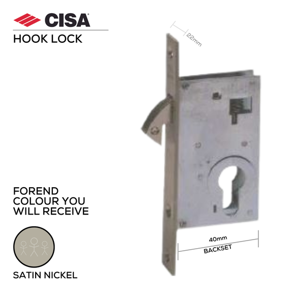 45100-40-00-Exc, Hook Lock, Excluding Cylinder, 40mm (backset), Satin Brass, CISA(see below other sizes & colour options)