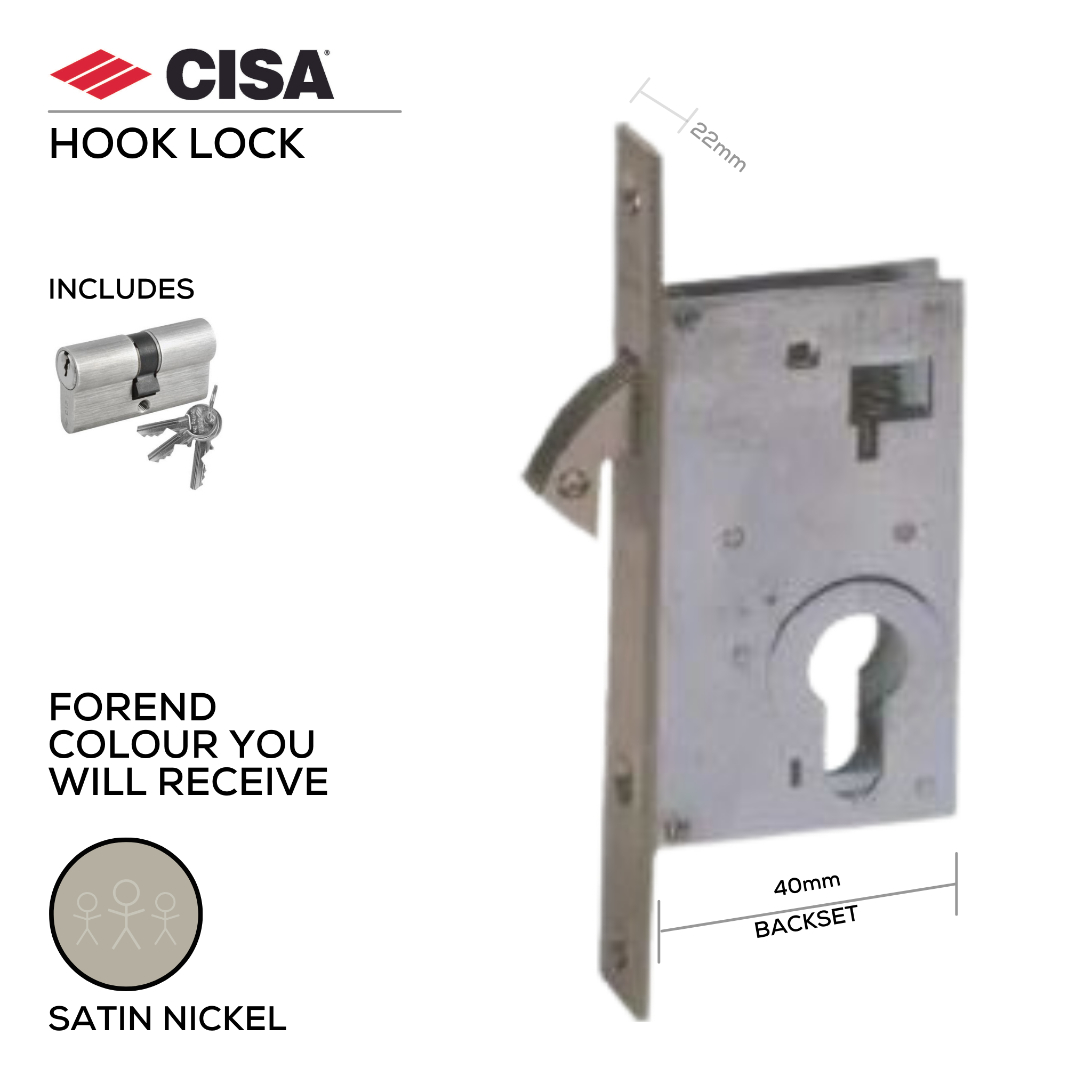 45100-40-00-With_Cylinder, Hook Lock, Incl Cylinder, 40mm (backset), Satin Brass, CISA(see below other sizes & colour options)