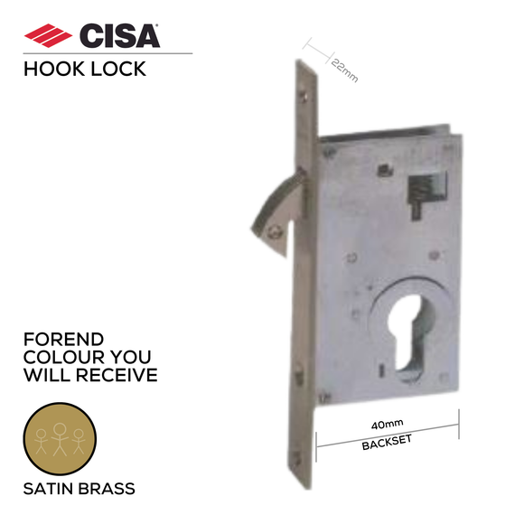 45110-40-BP-Exc, Hook Lock, Excluding Cylinder, 40mm (backset), Brass Plated, CISA  (see below other sizes & colour options)