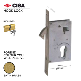 45110-40-BP-With_Cylinder, Hook Lock, Including Cylinder, 40mm (backset), Brass Plated, CISA  (see below other sizes & colour options)