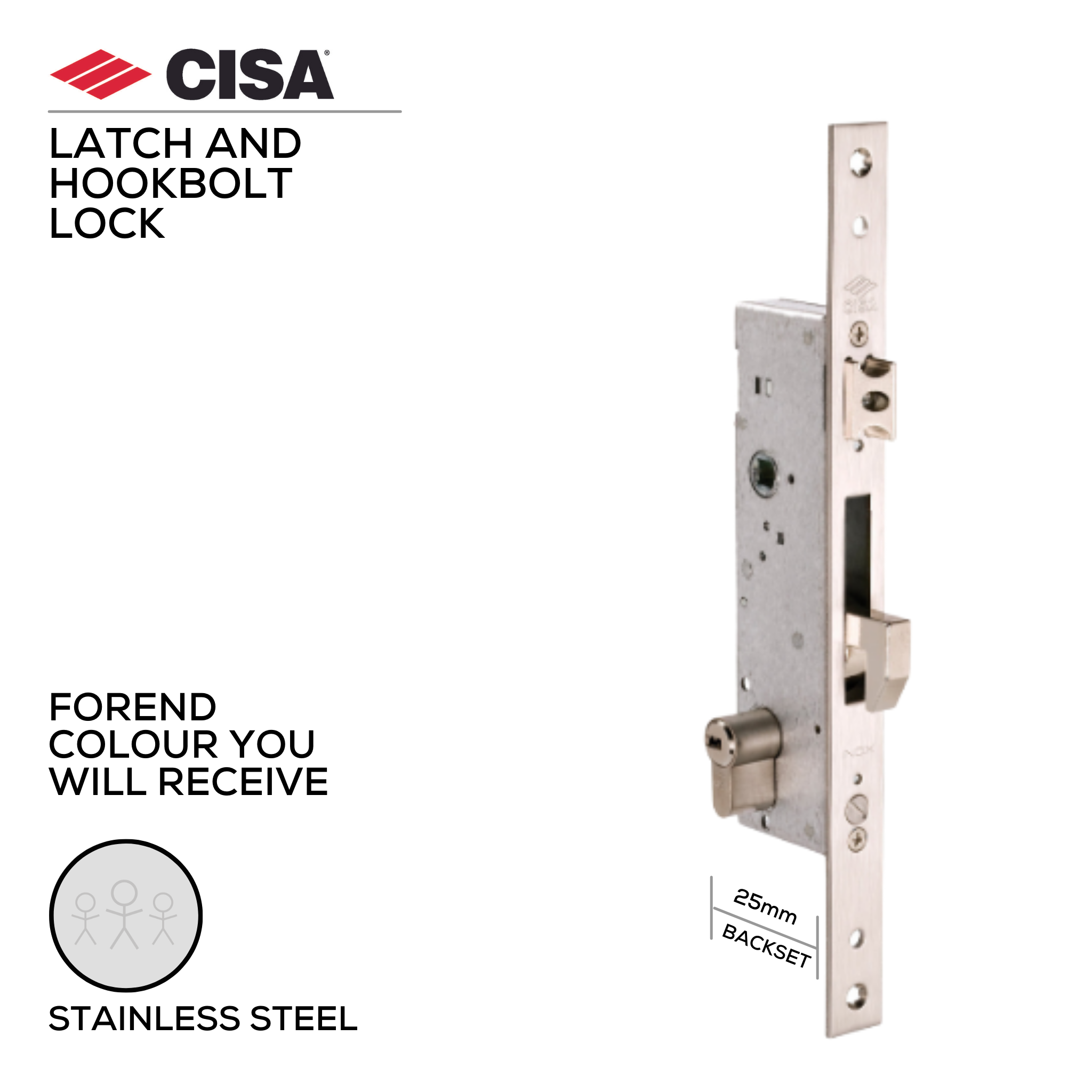 46215-25-Without_Cylinder, Latch Lock, Excluding Cylinder, 25mm (backset), Stainless Steel, CISA