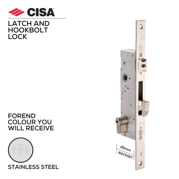 46215-25-Without_Cylinder, Latch & Hook Lock, Excluding Cylinder, 25mm (backset), Stainless Steel, CISA(see below other Backset sizes)