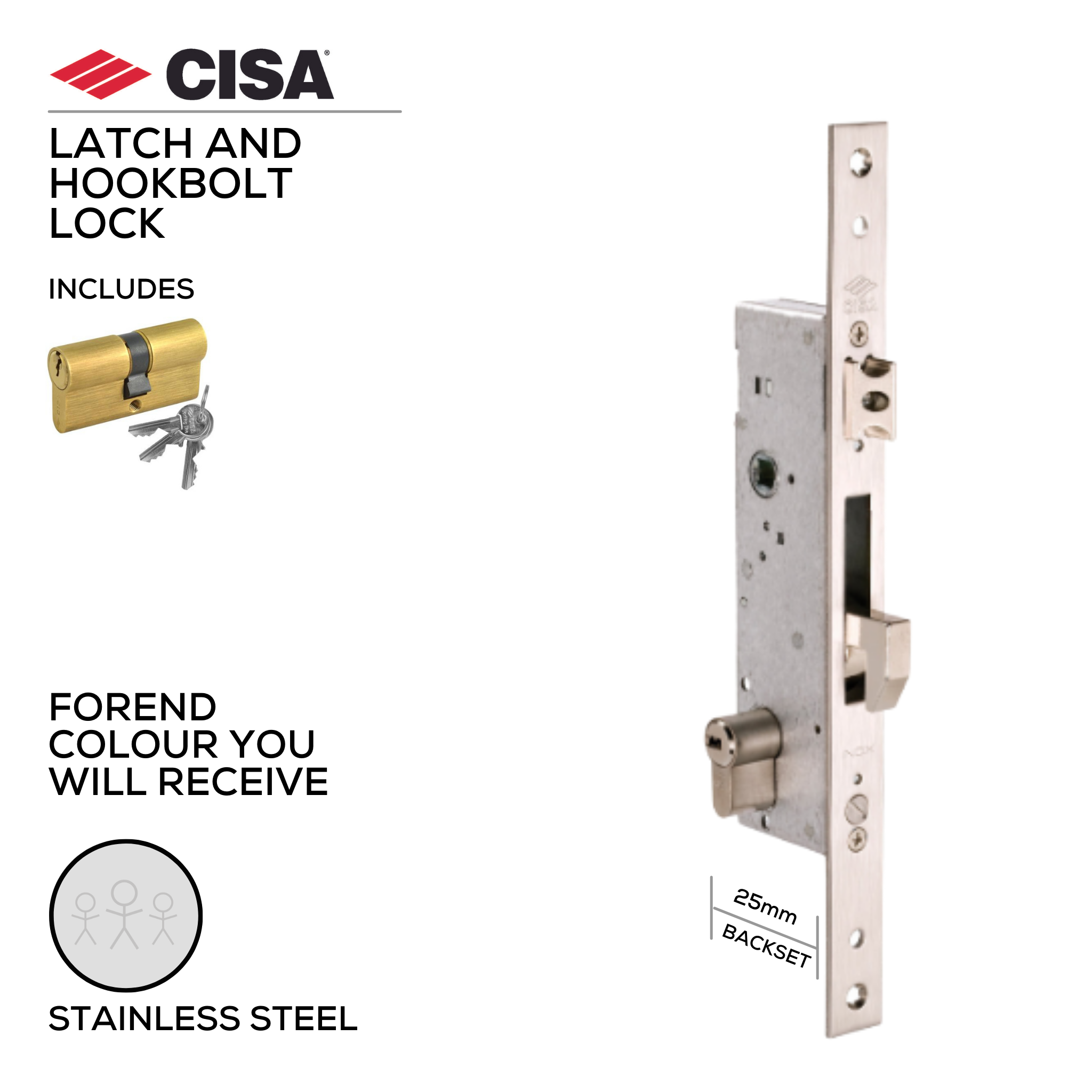 46215-25-With_Cylinder, Latch Lock, Including Cylinder, 25mm (backset), Stainless Steel, CISA