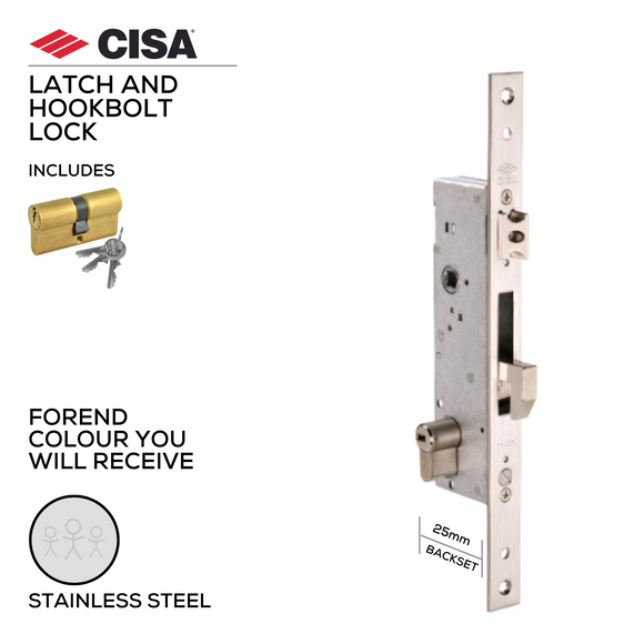 46215-25-With_Cylinder, Latch & Hook Lock, Including Cylinder, 25mm (backset), Stainless Steel, CISA(see below other back set sizes)