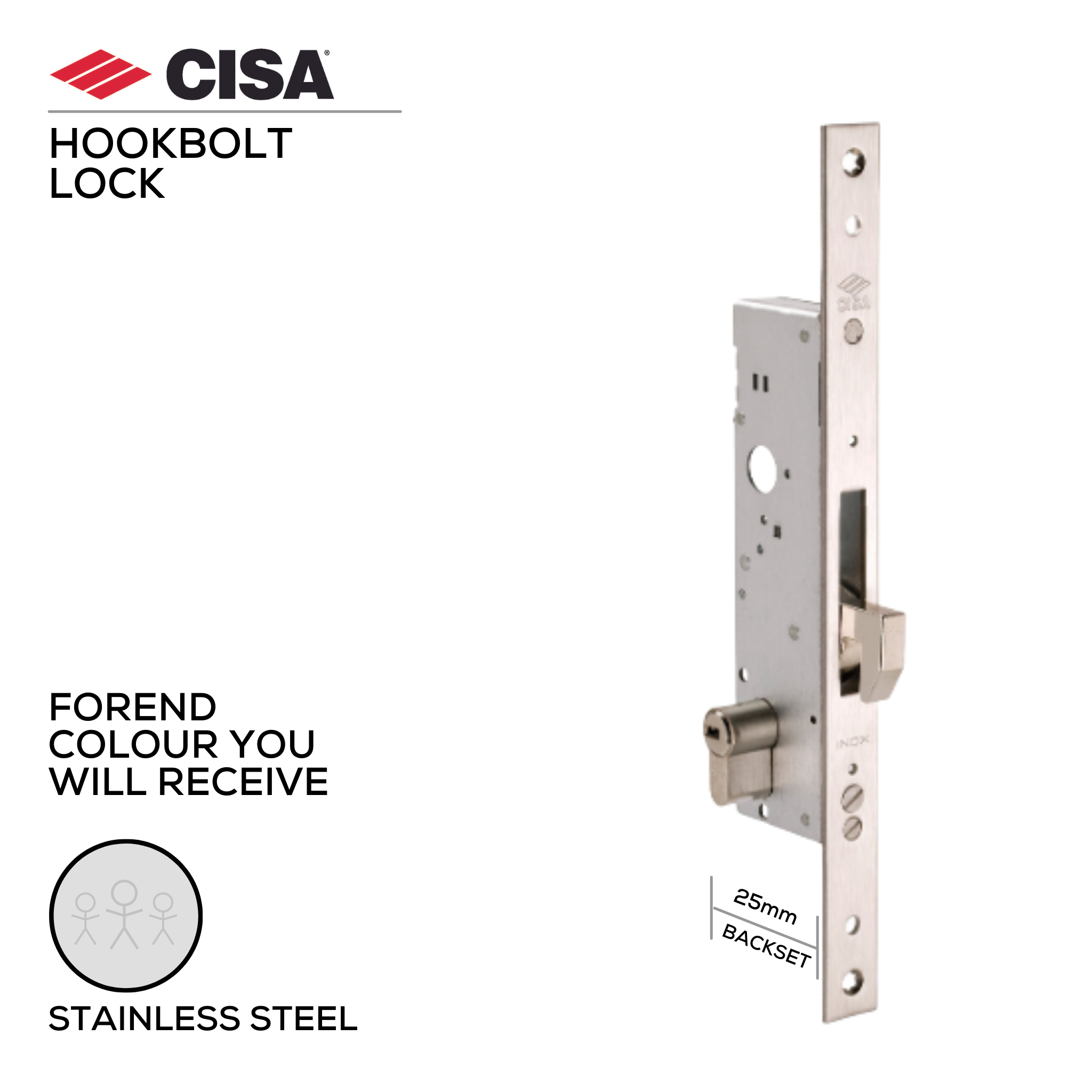 46240-25-Without_Cylinder, Hook Lock, Heavy Duty, Euro Cylinder, Excluding Cylinder, 25mm (Backset), Stainless Steel, CISA