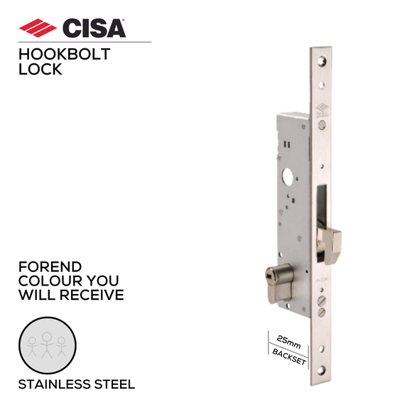 46240-25-Without_Cylinder, Hook Lock, Heavy Duty, Euro Cylinder, Excluding Cylinder, 25mm (Backset), Stainless Steel, CISA(see below other sizes)