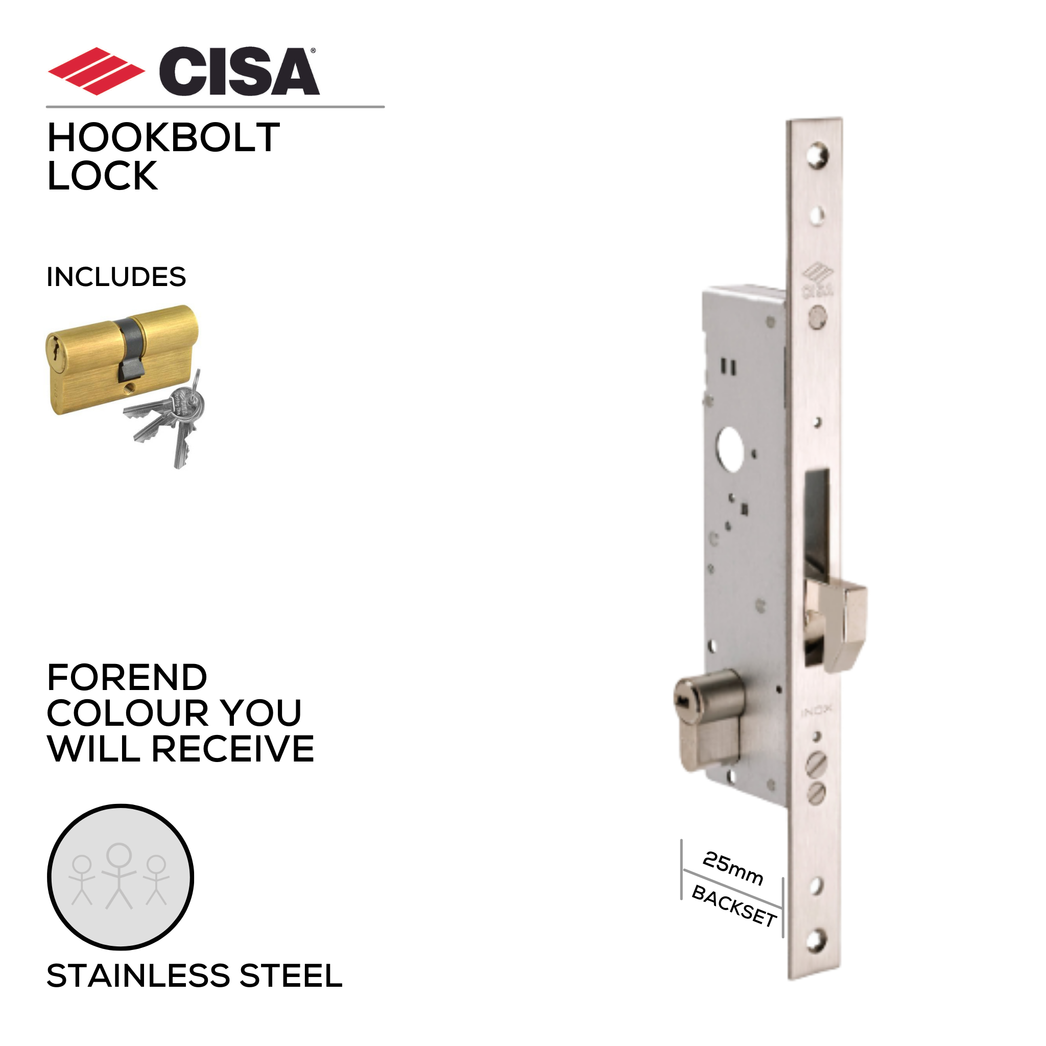 46240-25-With_Cylinder, Hook Lock, Euro Cylinder, Including Cylinder, 0G345-05-12, 25mm (Backset), Stainless Steel, CISA