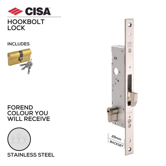 46240-25-With_Cylinder, Hook Lock, Euro Cylinder, Including Cylinder, 0G345-05-12, 25mm (Backset), Stainless Steel, CISA(see below other sizes)