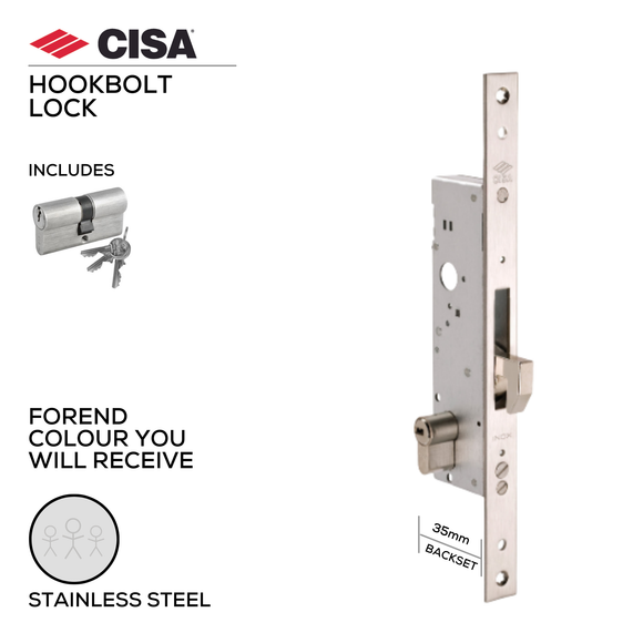 46240-35-With_Cylinder, Hook Lock, Euro Cylinder, Including 0G345-05-12 Cylinder, 35mm (Backset), Stainless Steel, CISA(see below other sizes options)