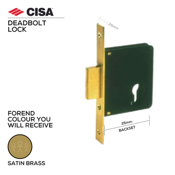 CISA Satin Brass Cylinder Lock for patio and sliding doors, main product view with warm brass confidence, 25mm (backset).