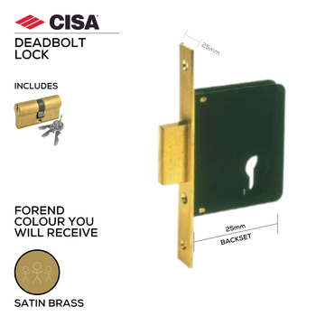 CISA Satin Brass Cylinder Lock main product view; brass that means business for a better door setup, 25mm (backset).