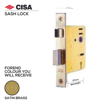 Main product view of CISA Satin Brass Door Lock, made for patio and sliding doors with solid brass style, 57mm (Backset).