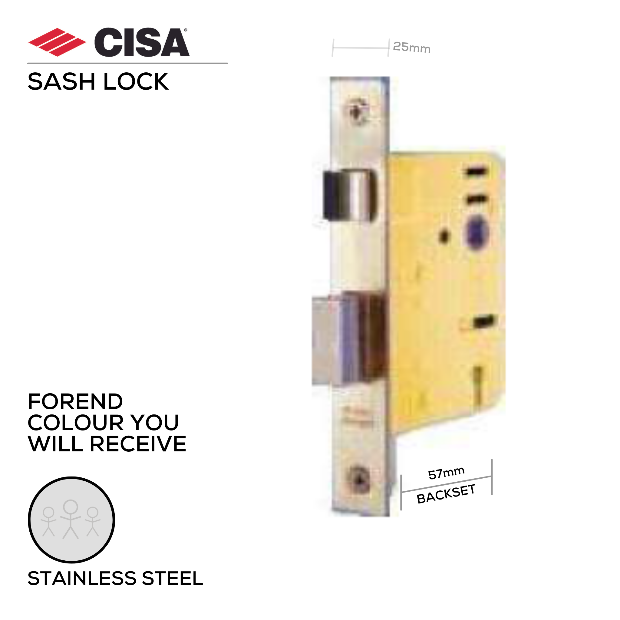 52765-57-20, Latch Lock, Lever (Key), 5 Lever Lock, Keyed to Differ, 3 Keys, 57mm (Backset), Xmm (ctc), Stainless Steel, CISA