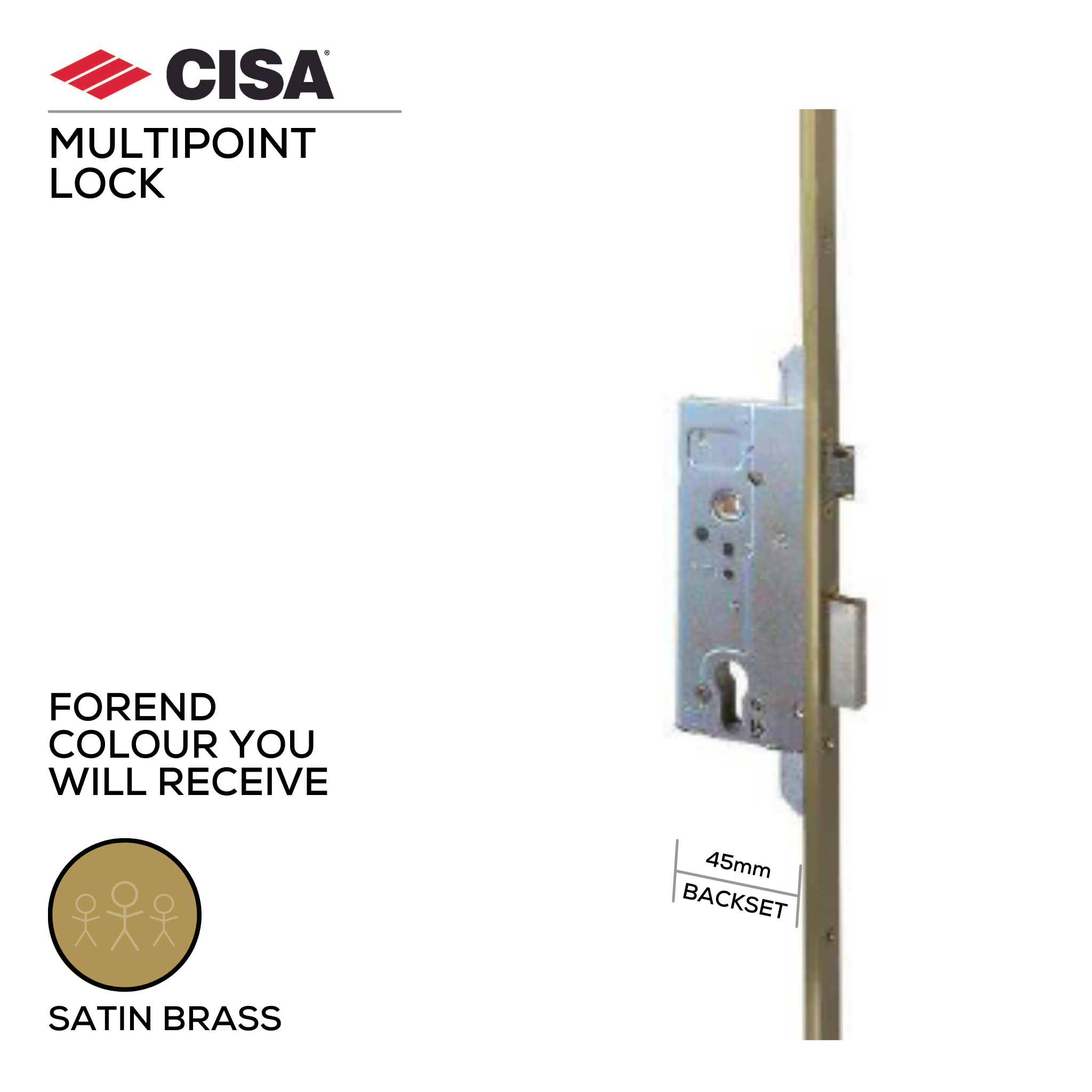 53131-45-00, Locks, Multipoint Lock, Latch and Bolt Lock, Mortice, Top & Bottom locking, Excluding Cylinder, 45mm (b), Satin Brass, CISA