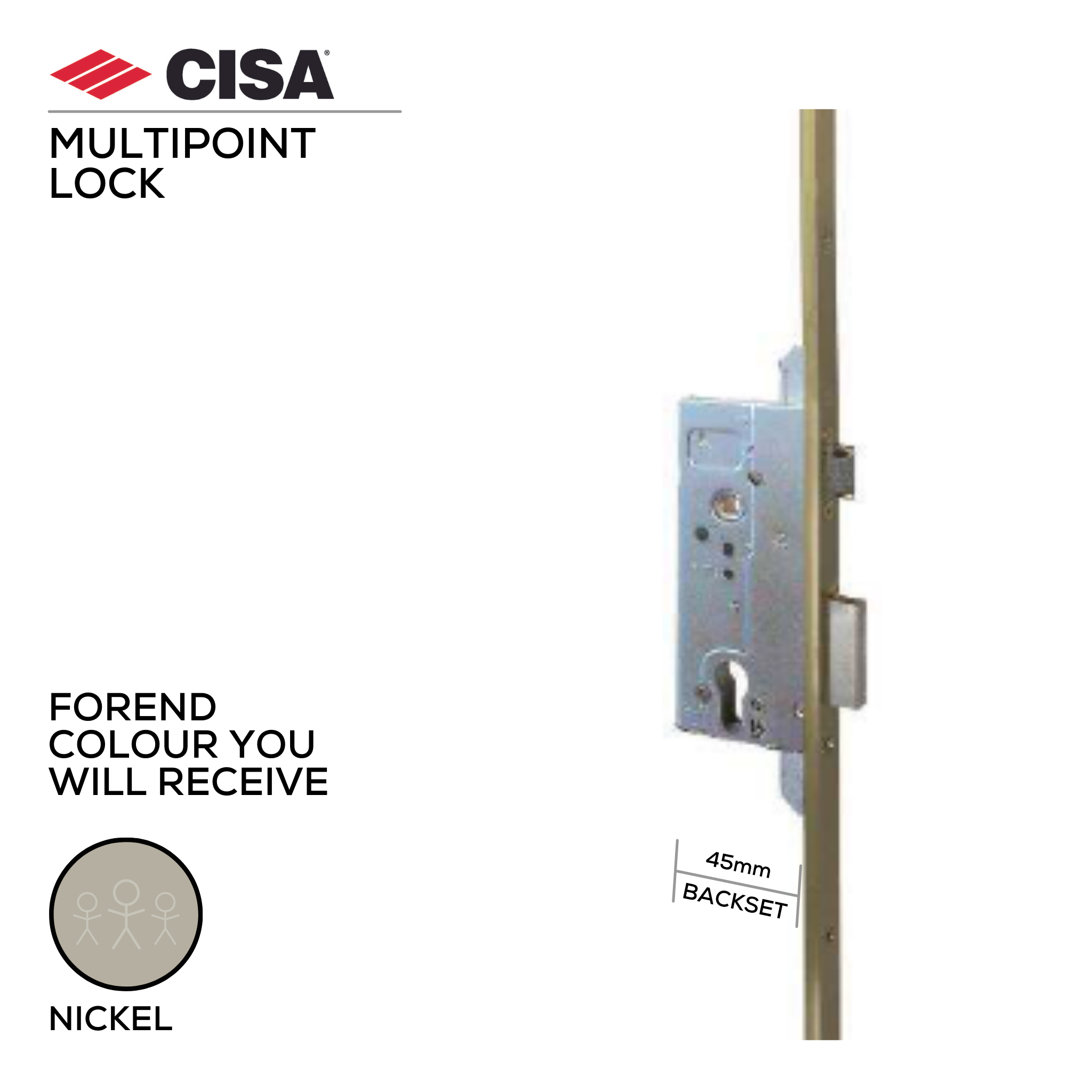 53131-45-12, Locks, Multipoint Lock, Latch and Bolt Lock, Mortice, Top & Bottom locking, Excluding Cylinder, 45mm (b), Nickel Plated, CISA