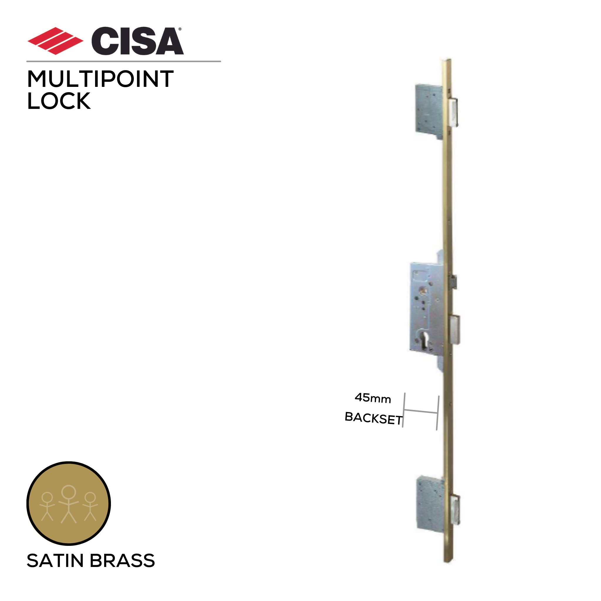 53135-45-00, Locks, Multipoint Lock, Latch and Bolt Lock, Mortice, Side locking, Excluding Cylinder, 45mm (b), Satin Brass, CISA