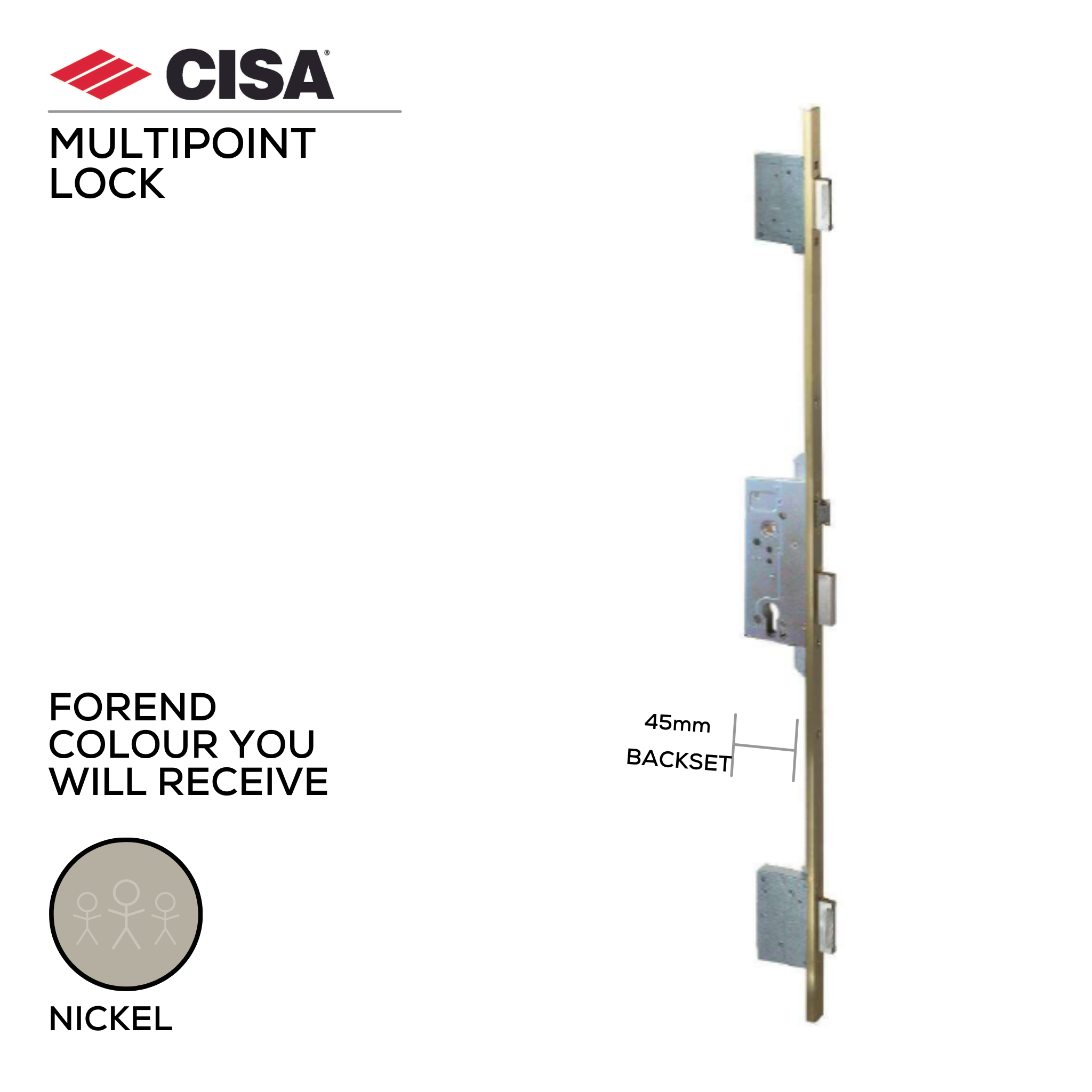 53135-45-12, Locks, Multipoint Lock, Latch and Bolt Lock, Mortice, Side locking, Excluding Cylinder, 45mm (b), Nickel Plated, CISA