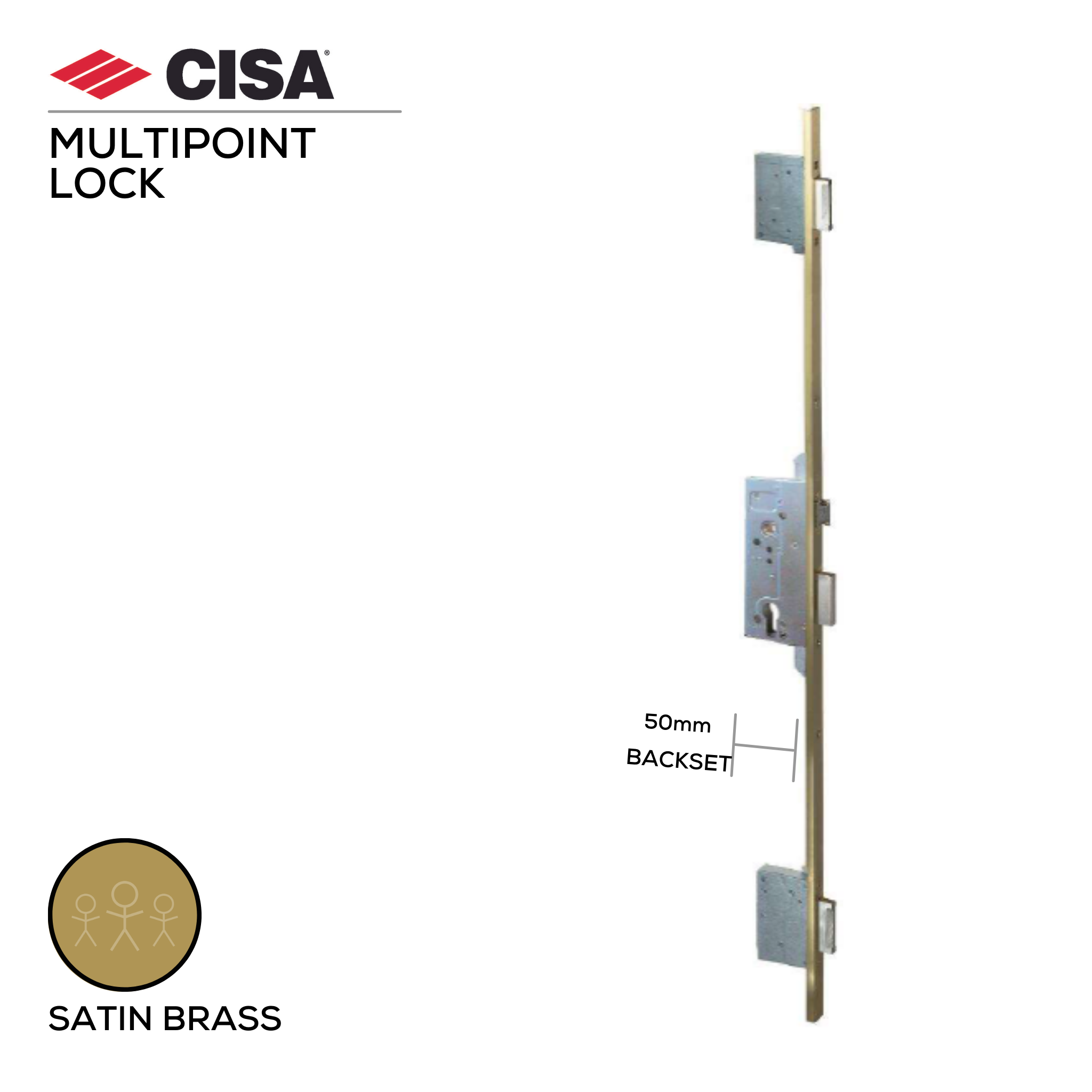 53137-50-00, Locks, Multipoint Lock, Latch and Bolt Lock, Mortice, 5 Locking points, Excluding Cylinder, 50mm (b), Satin Brass, CISA