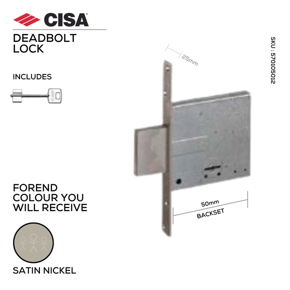 57010-50, Deadbolt Lock, Security, With Double Bitted Key, 4 Throw Deadbolt, 50mm (backset), Satin Nickel, CISA