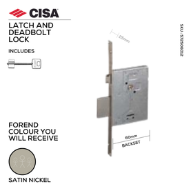 57250-60, Deadbolt Lock, Security, With Double Bitted Key, 4 Throw Deadbolt, 50mm (backset), Satin Nickel, CISA
