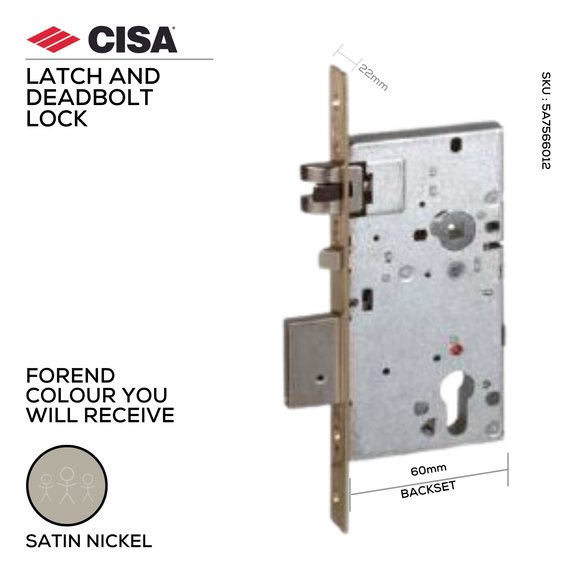 5A756-60-12-Without_Cylinder, Latch and Deadbolt Lock, Heavy Duty, Strike Included, Excluding Cylinder, For Panic Funtion, Heavy Duty, 60mm (backset), Satin Nickel, CISA