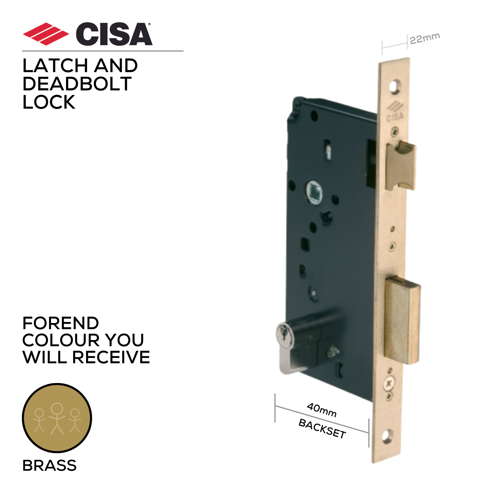 5C110-40-00-Without_Cylinder, Latch & Deadbolt Lock, Euro Cylinder, Excluding Cylinder, 40mm (Backset), Satin Brass, CISA