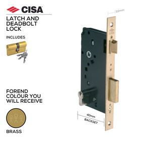 5C621-40-00-I, Rollerbolt Lock, Including Cylinder, 40mm (backset), Satin Brass, CISA (see below other sizes & color options)