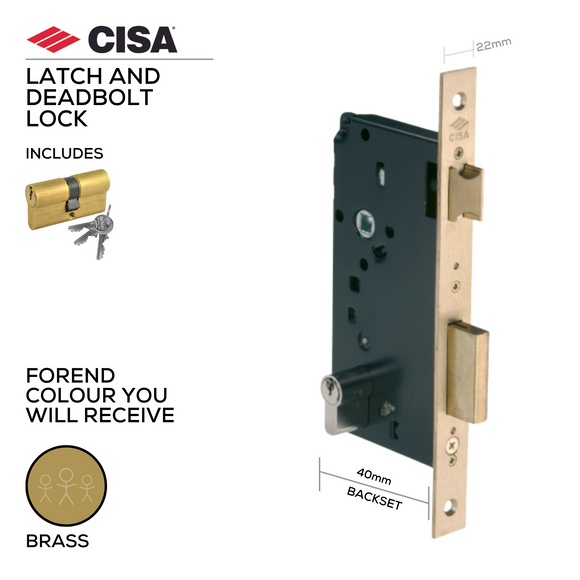 5C621-40-00-I, Rollerbolt Lock, Including Cylinder, 40mm (backset), Satin Brass, CISA (see below other sizes & color options)