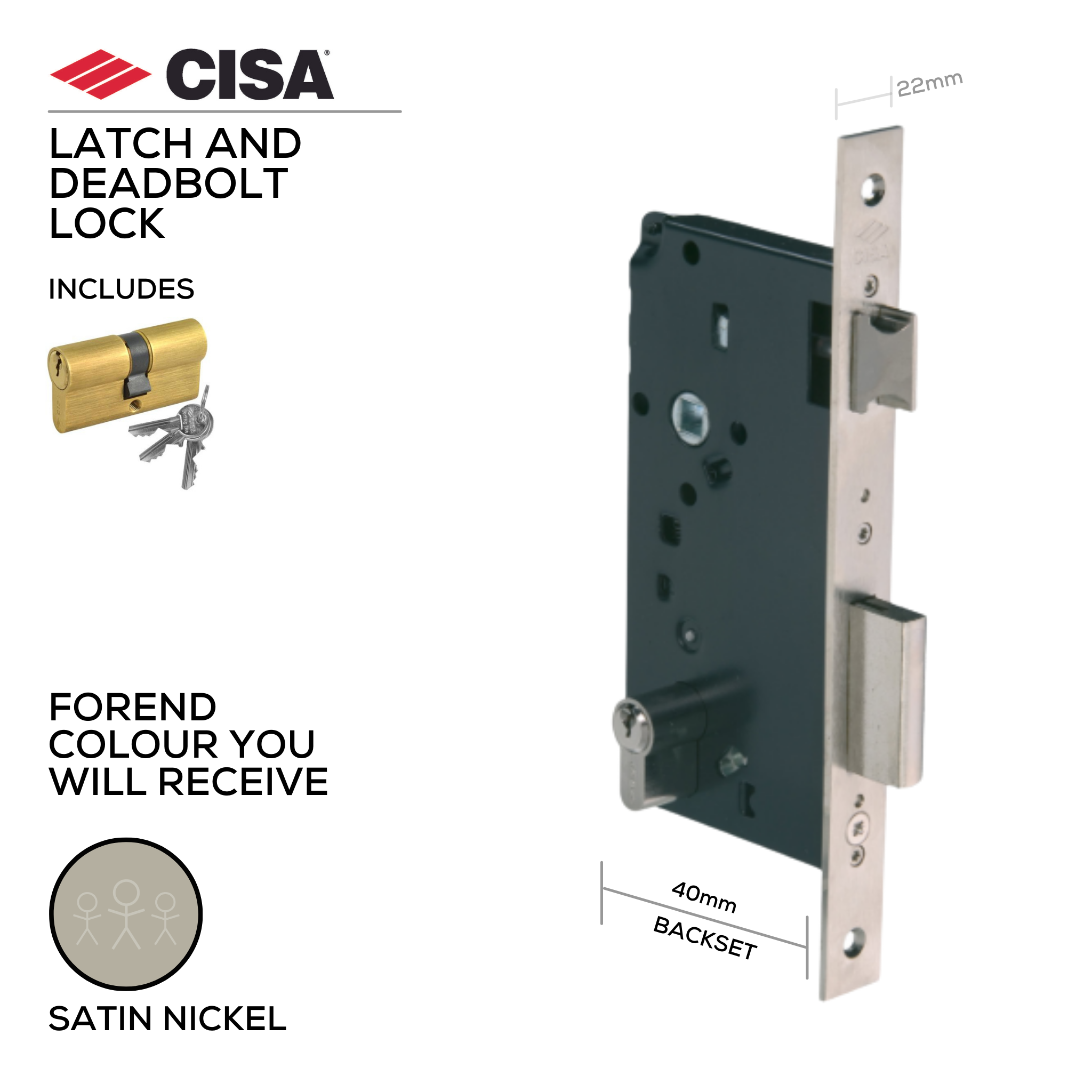 5C621-40-12-I, Rollerbolt Lock, Including Cylinder, 40mm (backset), Satin Nickel, CISA